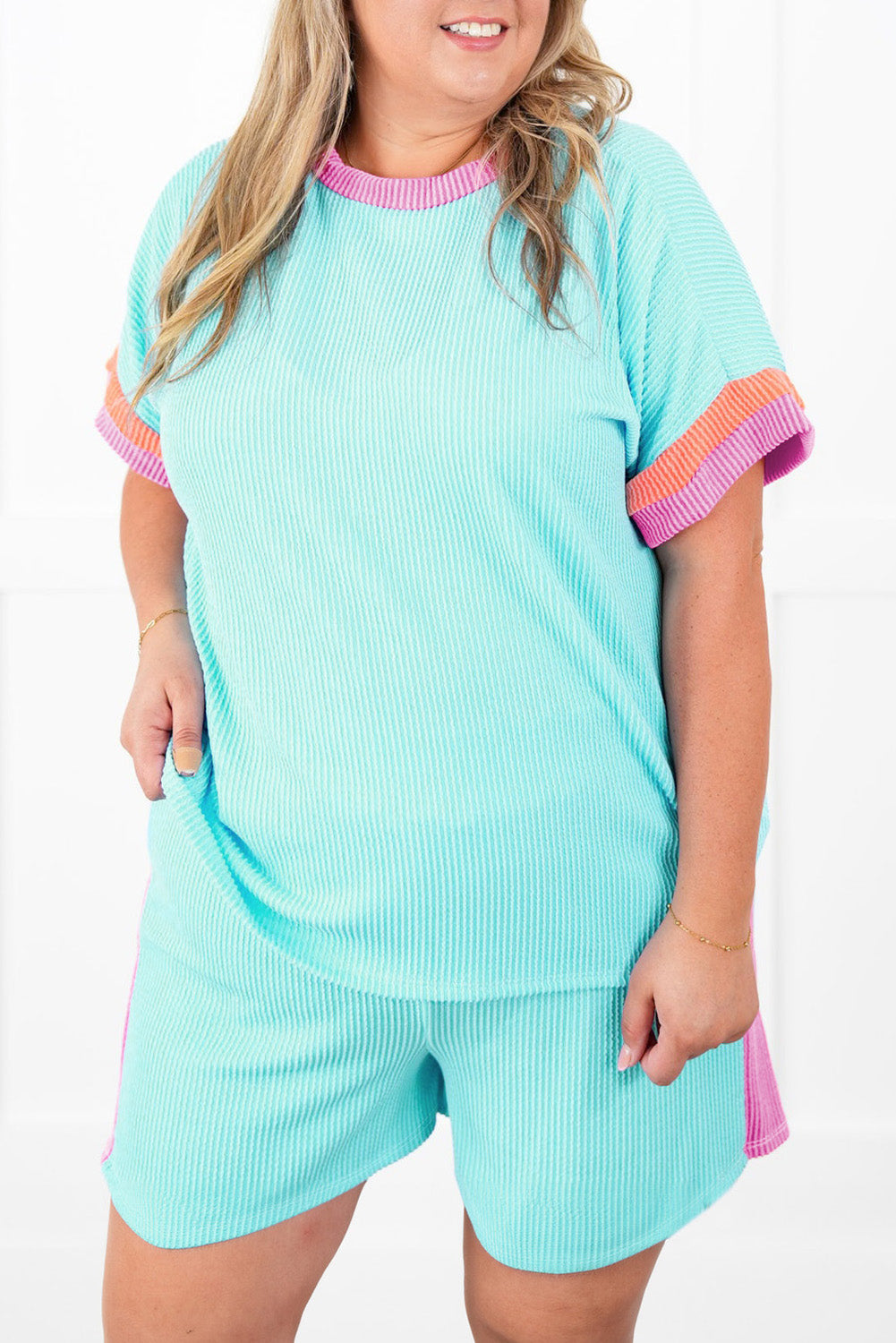 Bonbon Colorblock Corded Plus Size Two Piece Shorts Set