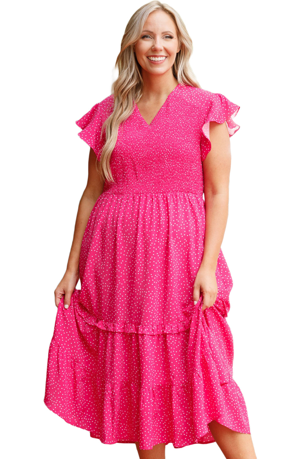 Rose Polka Dot Print Ruffle Smocked High Waist Plus Midi Dress