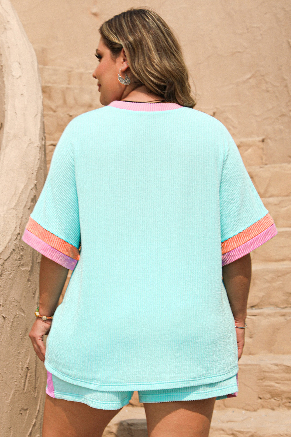Bonbon Colorblock Corded Plus Size Two Piece Shorts Set