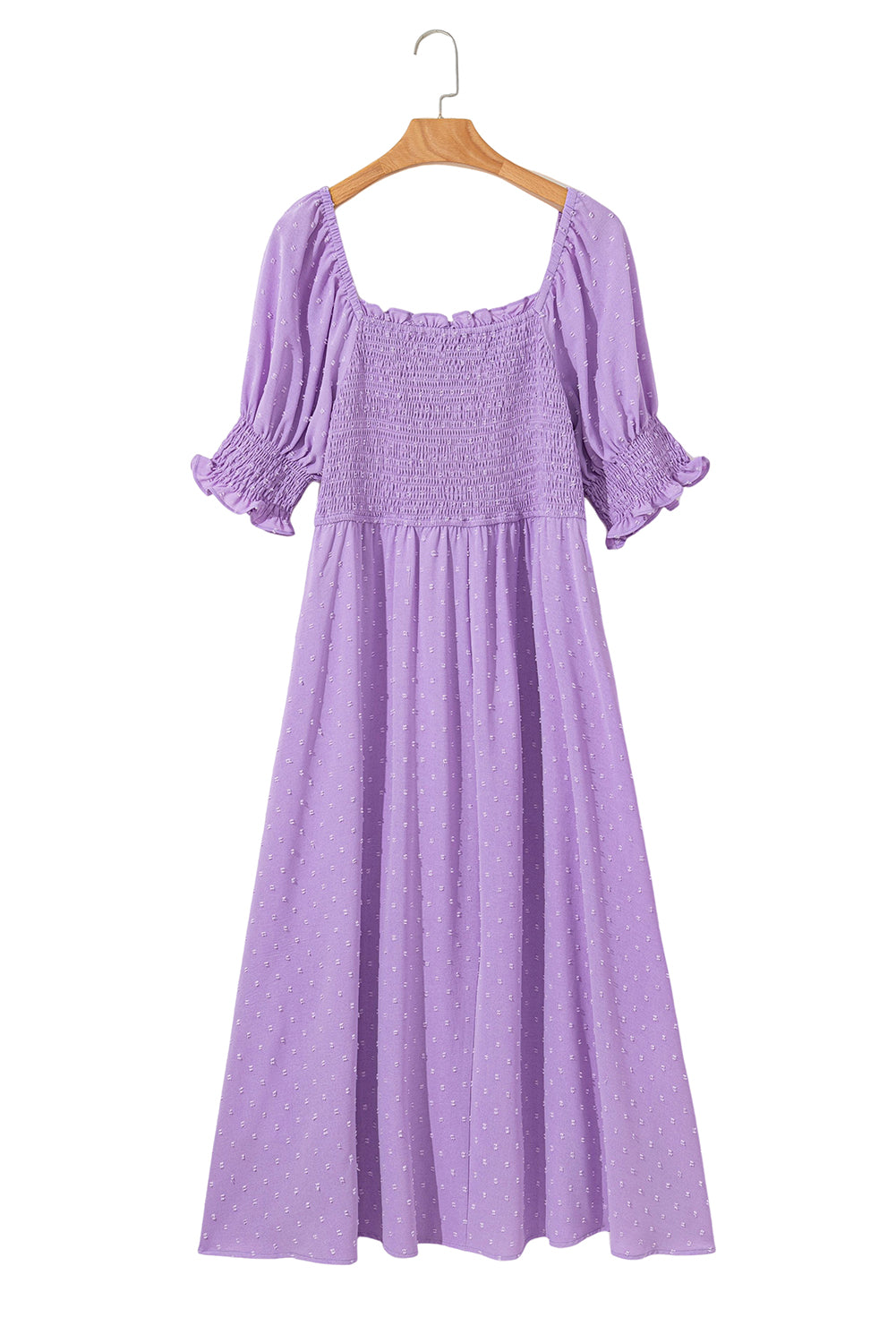 White Swiss Dot Smocked Frill Square Neck Plus Size Dress