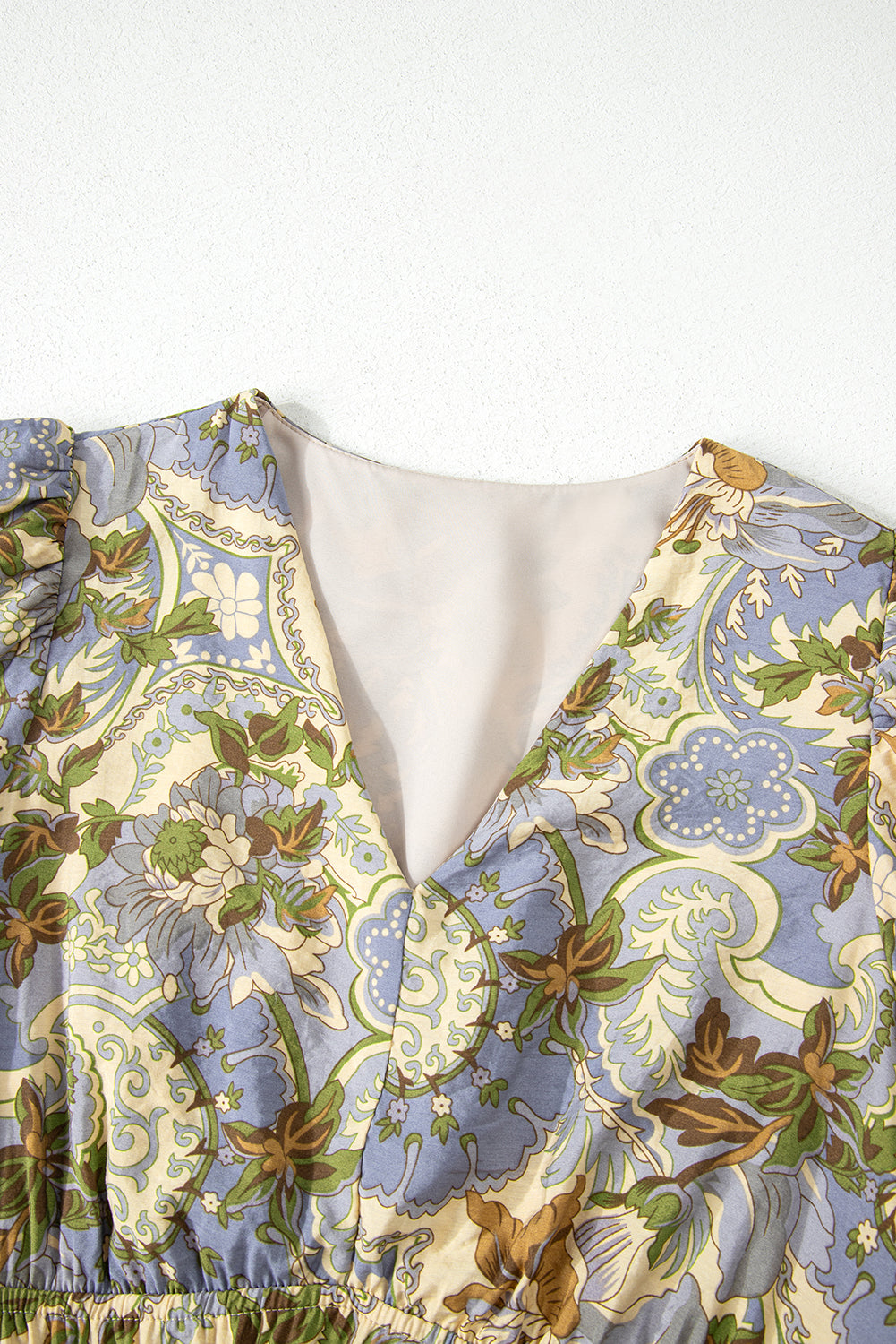 Multicolour Vintage Floral V Neck Short Puff Sleeve Maxi Dress