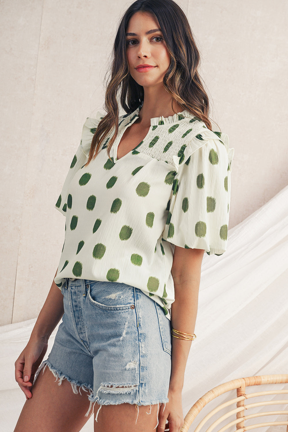 Rose Polka Dot Print Shirred Notched Neck Puff Sleeve Blouse