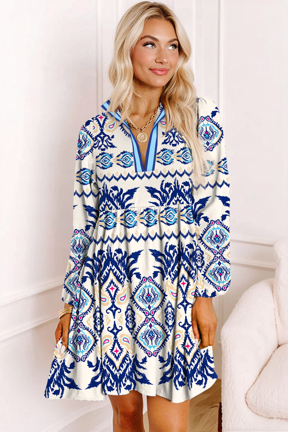 Blue Ethnic Print Pop of Color Neckline Long Sleeve Dress