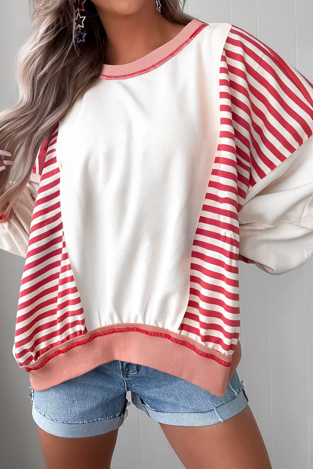 Green Striped Colorblock Patchwork Oversized Sweatshirt