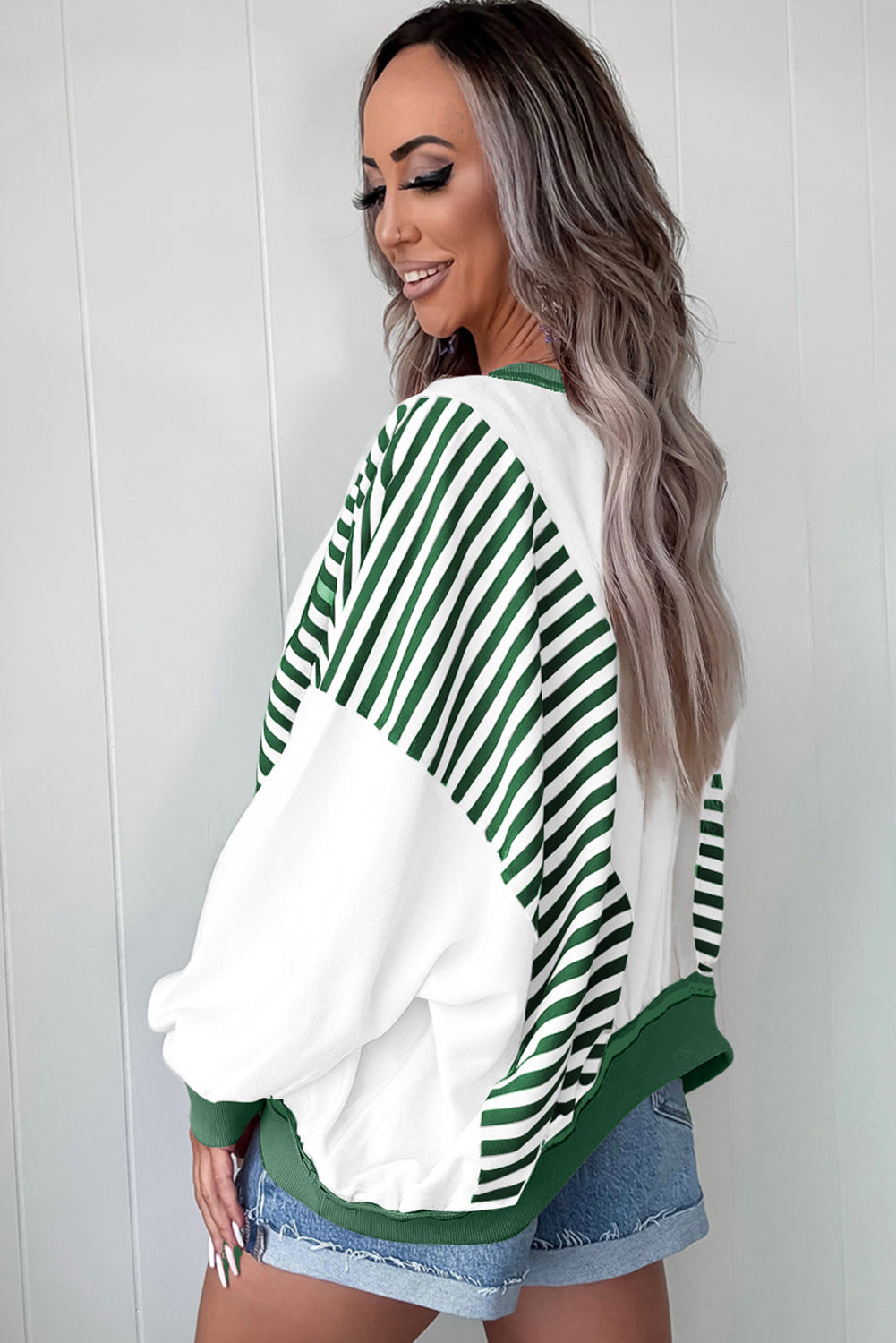 Green Striped Colorblock Patchwork Oversized Sweatshirt