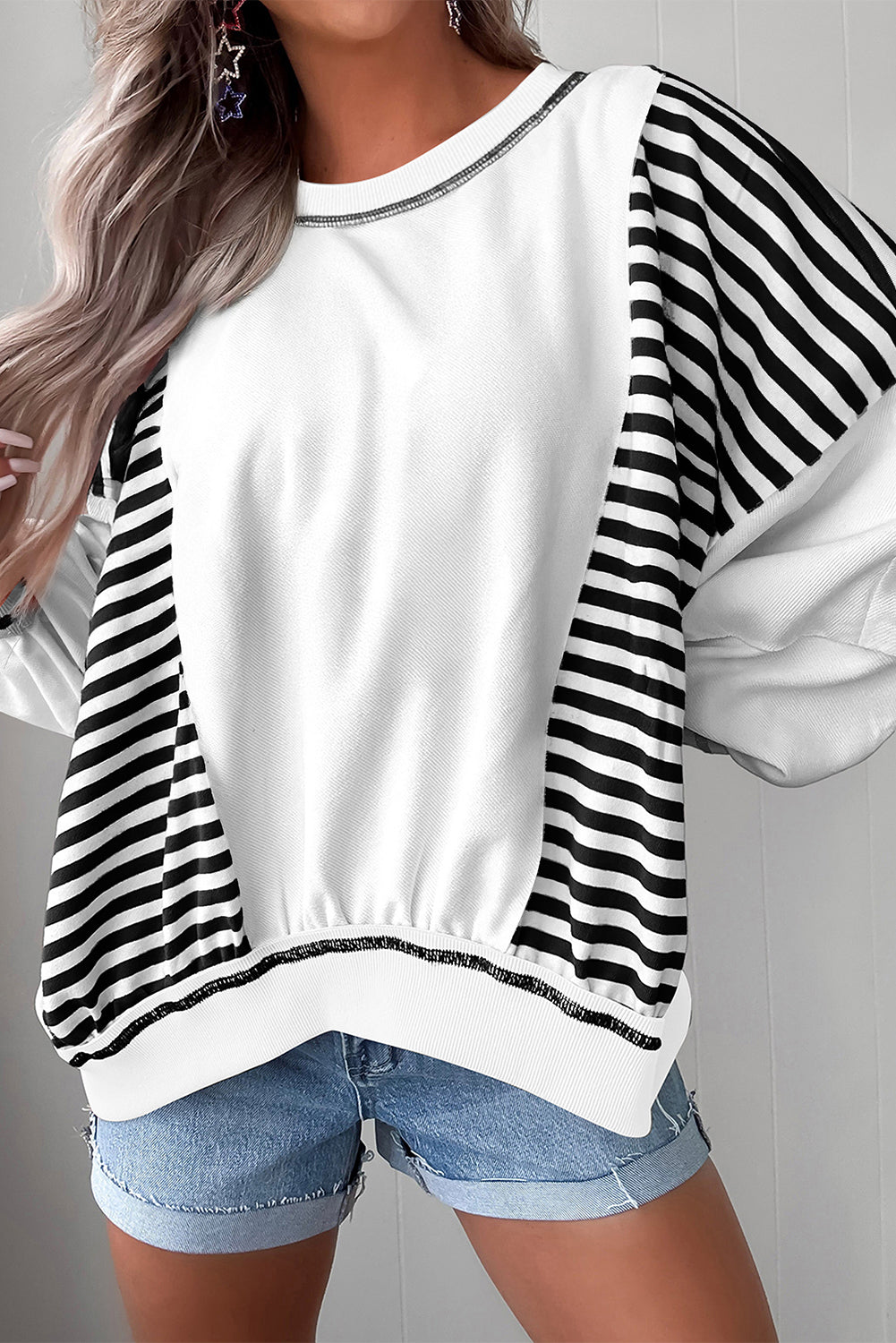 Green Striped Colorblock Patchwork Oversized Sweatshirt