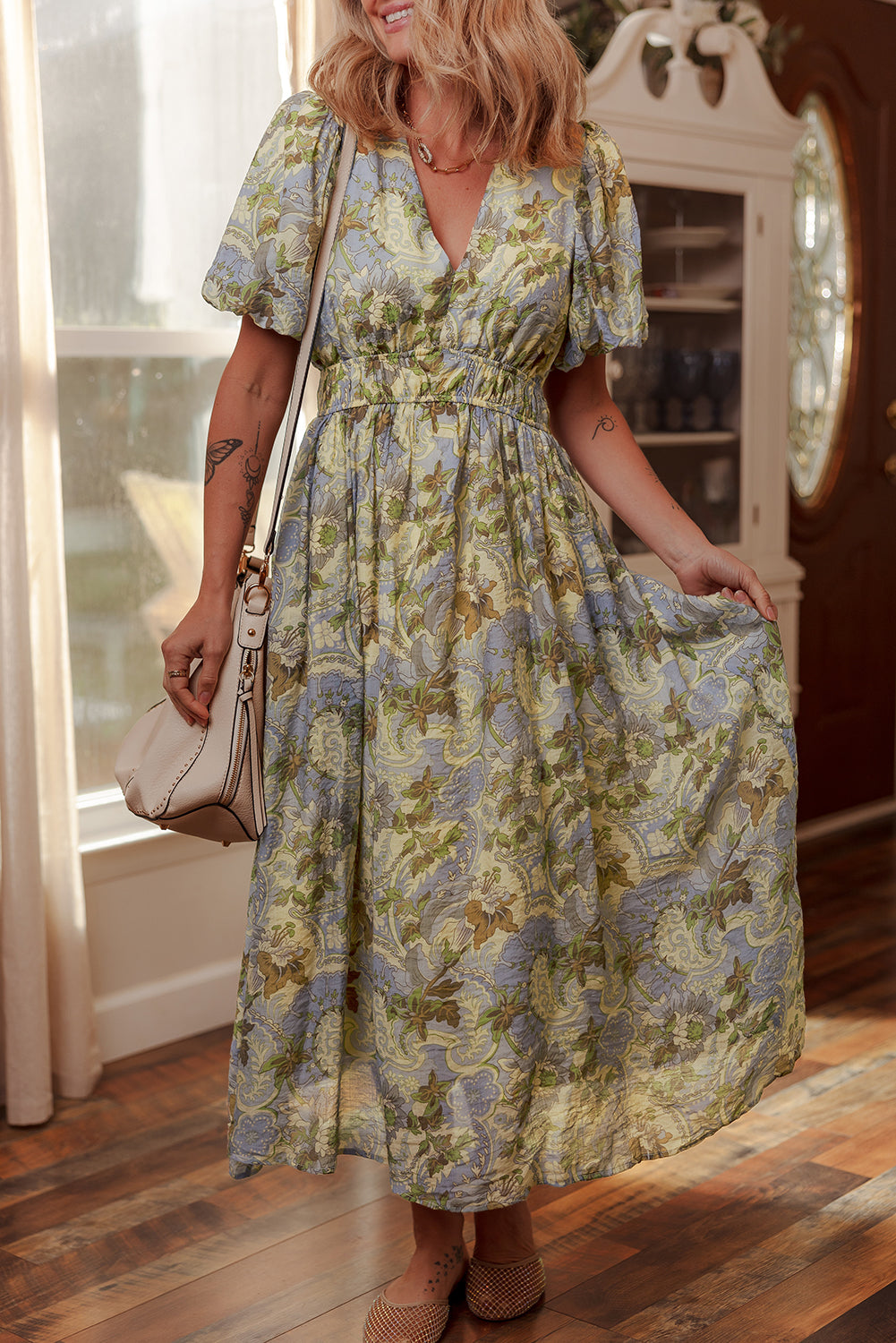 Multicolour Vintage Floral V Neck Short Puff Sleeve Maxi Dress
