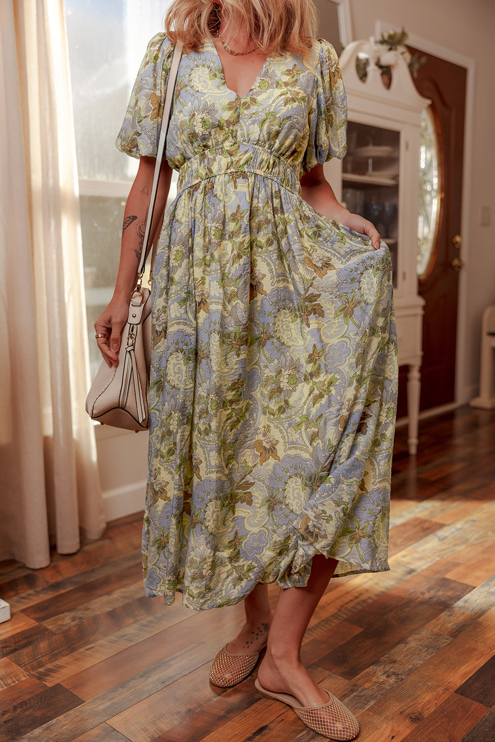 Multicolour Vintage Floral V Neck Short Puff Sleeve Maxi Dress