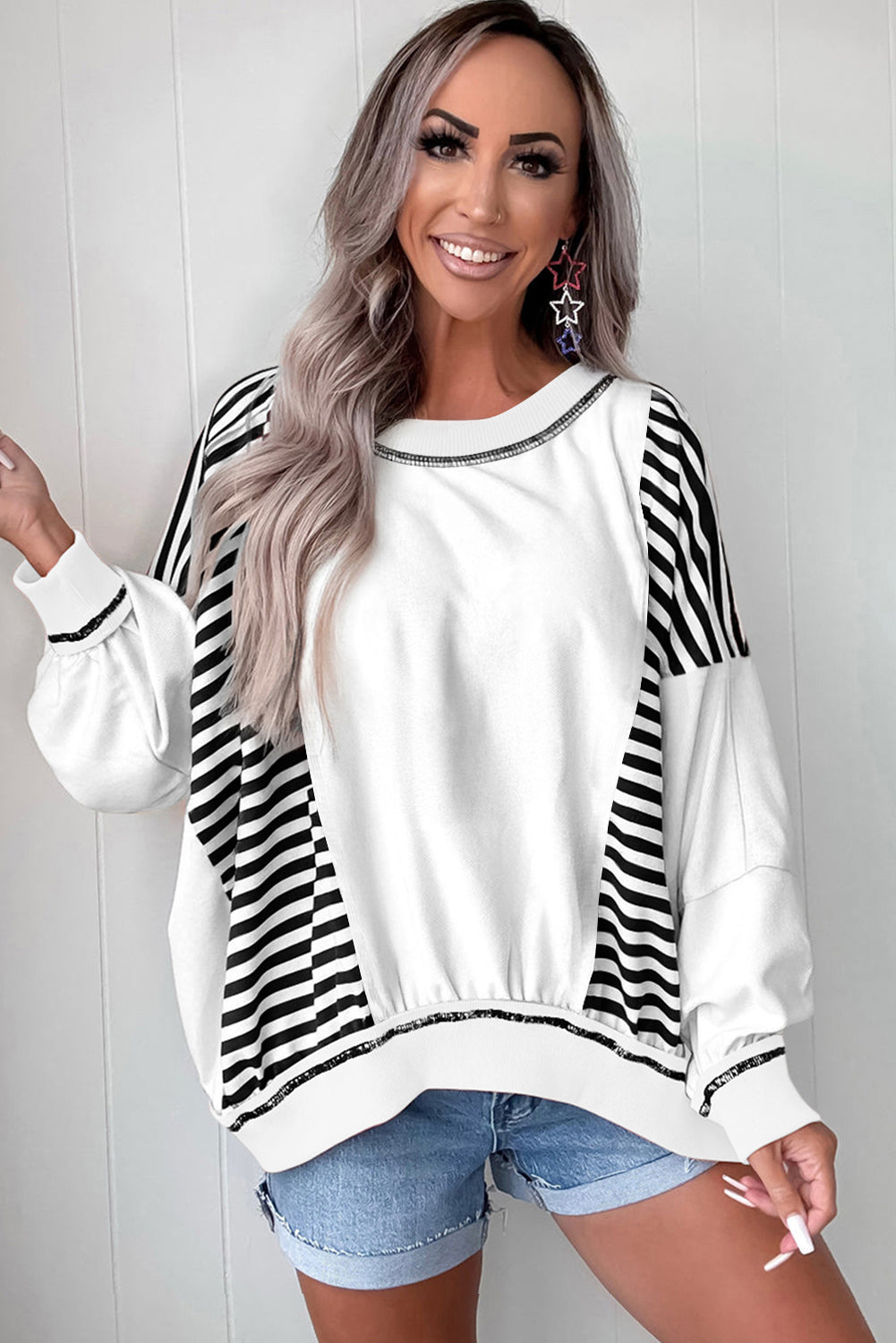 Green Striped Colorblock Patchwork Oversized Sweatshirt