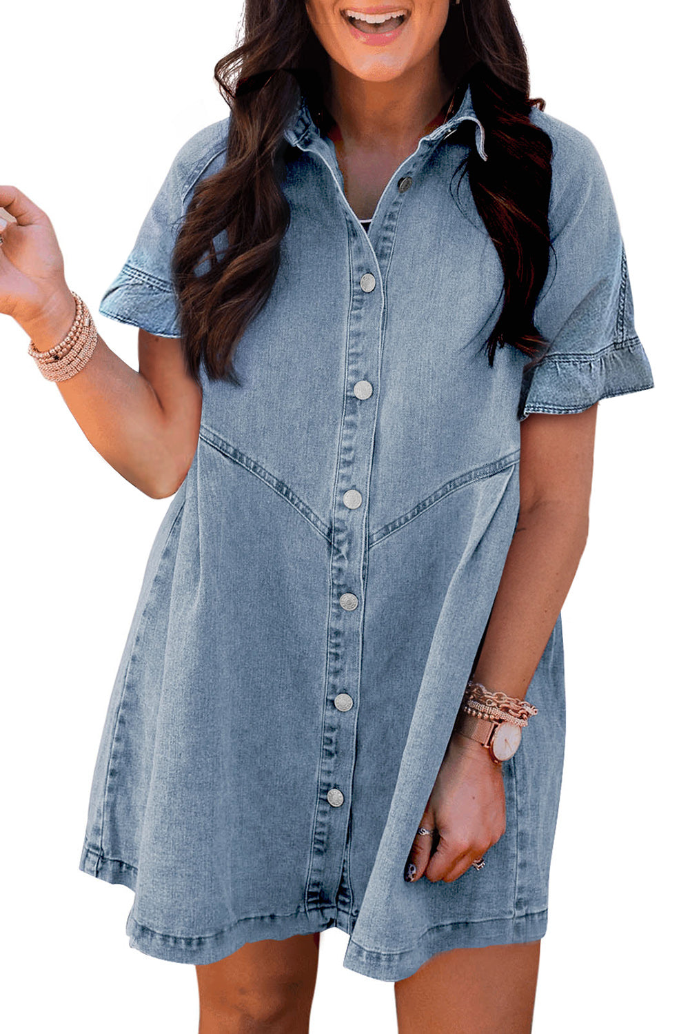Black Short Sleeve Button Up Loose Denim Shirt Dress