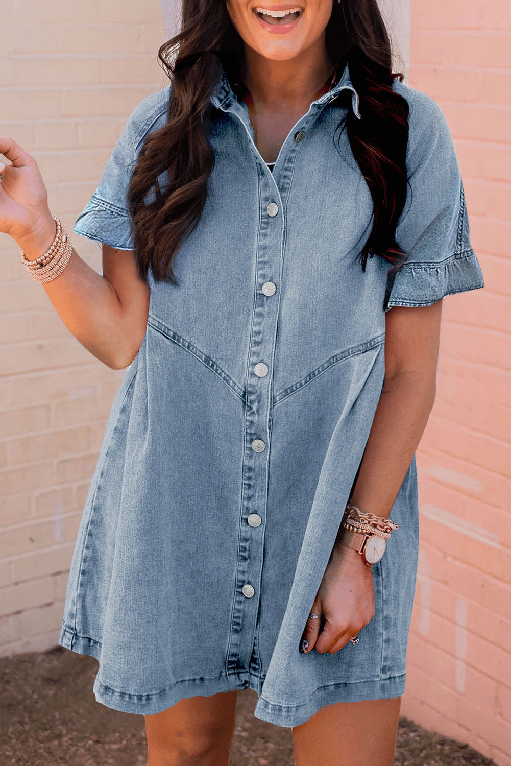Black Short Sleeve Button Up Loose Denim Shirt Dress