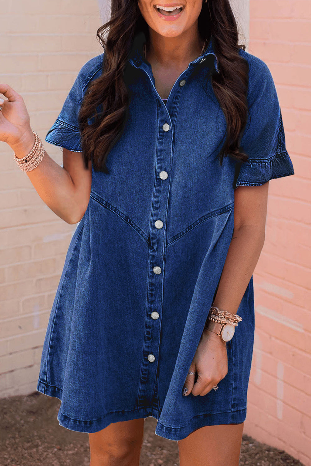 Black Short Sleeve Button Up Loose Denim Shirt Dress