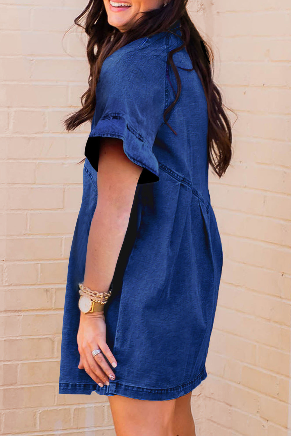 Black Short Sleeve Button Up Loose Denim Shirt Dress