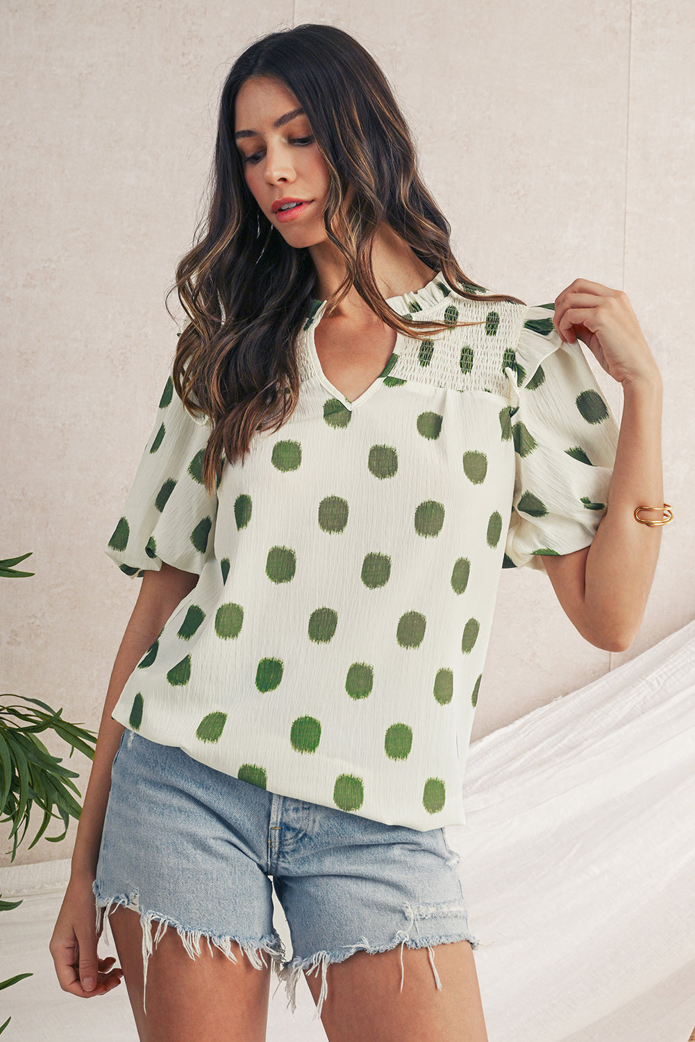 Rose Polka Dot Print Shirred Notched Neck Puff Sleeve Blouse