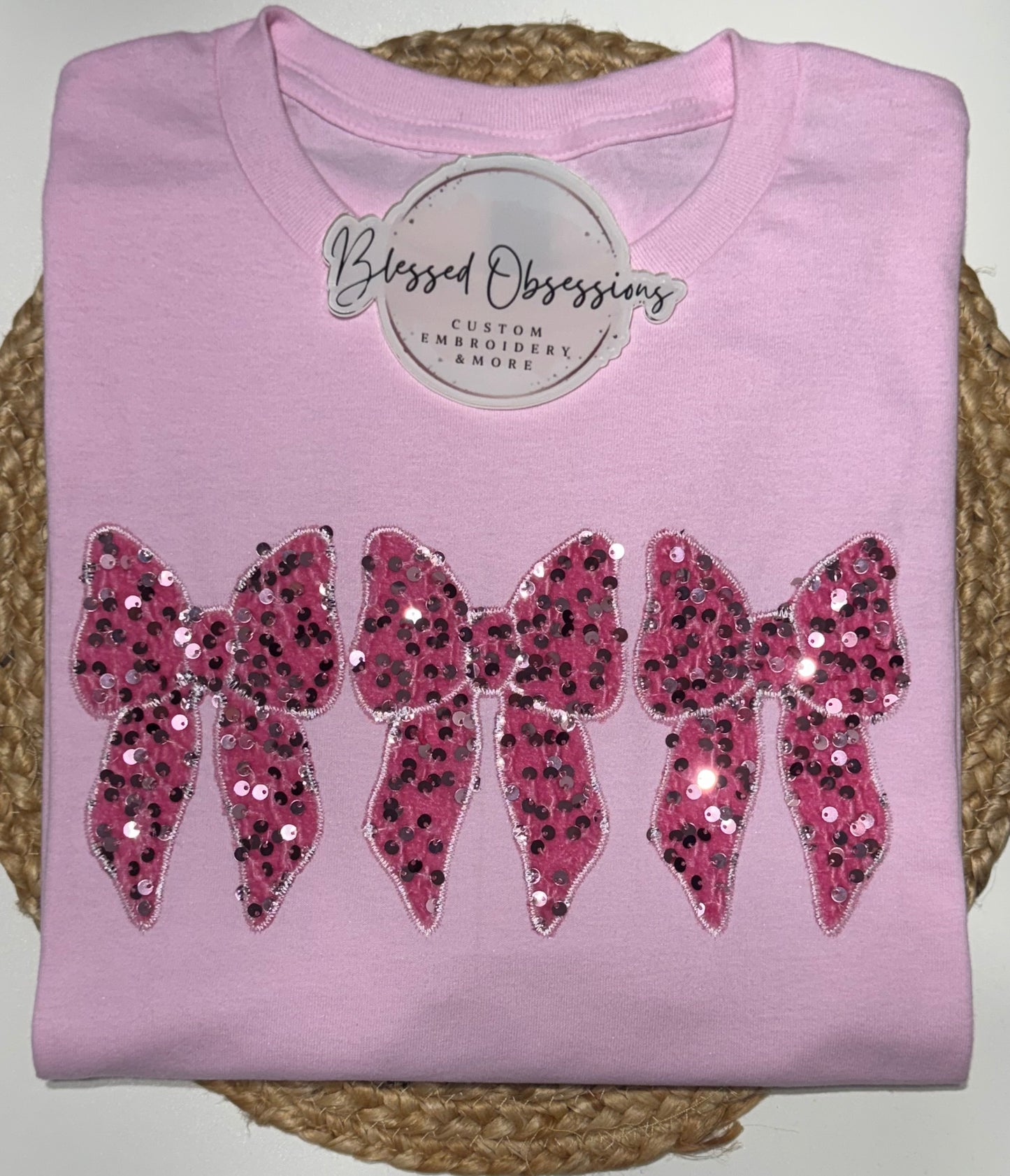 Pink Sequin shirt, Bow shirt, Cute shirt for women, Pink sparkle shirt, Bow applique, Bow embroidery, Pink bow