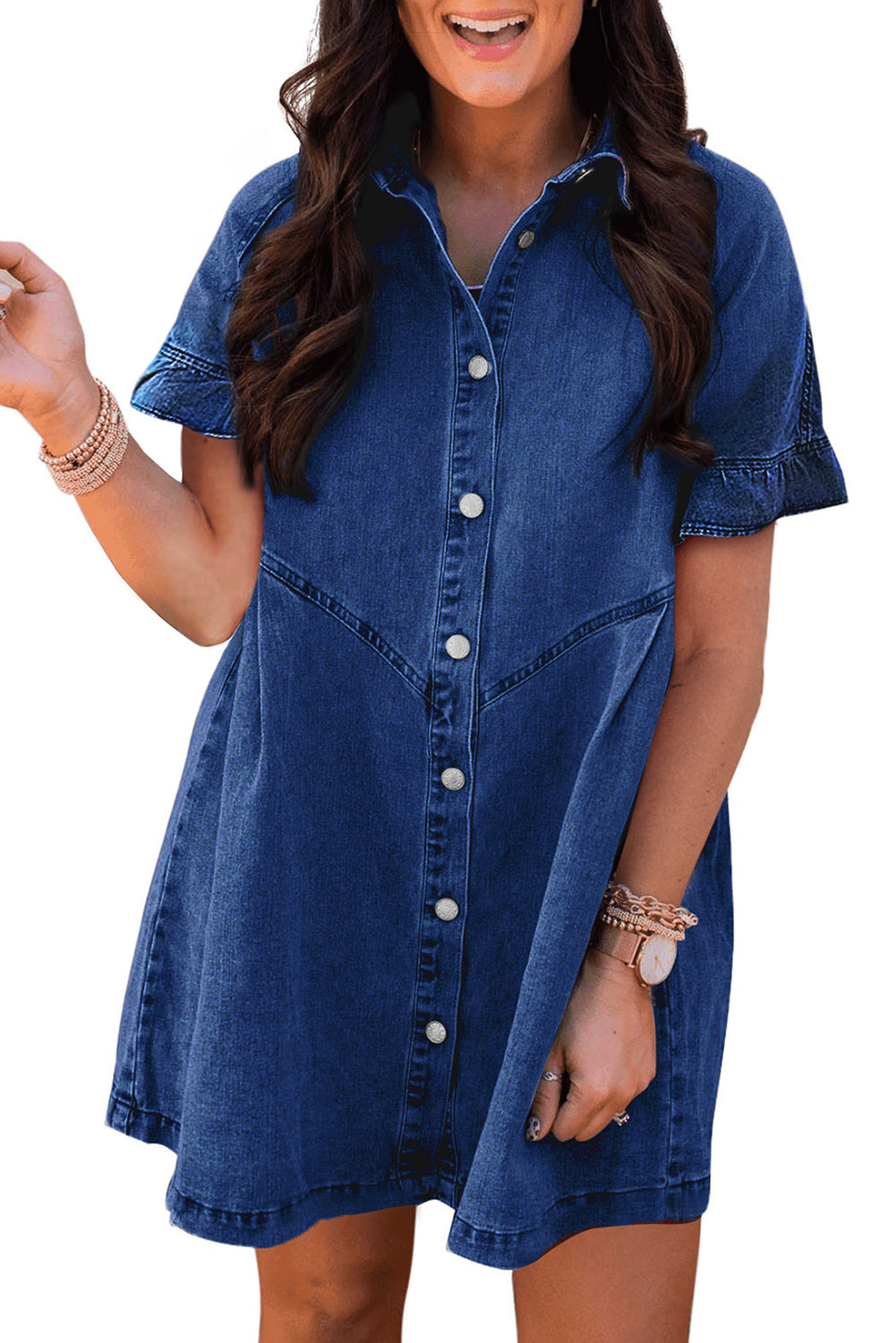 Black Short Sleeve Button Up Loose Denim Shirt Dress
