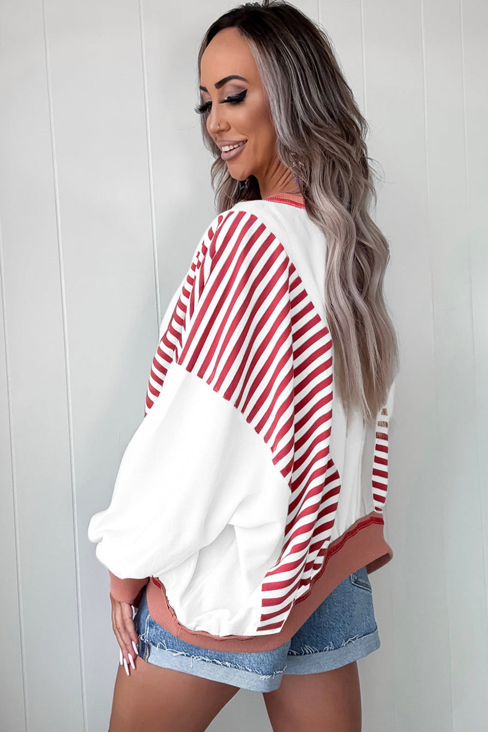Green Striped Colorblock Patchwork Oversized Sweatshirt