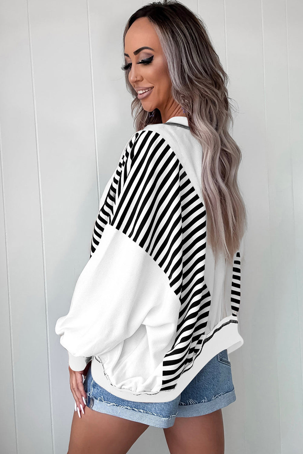 Green Striped Colorblock Patchwork Oversized Sweatshirt