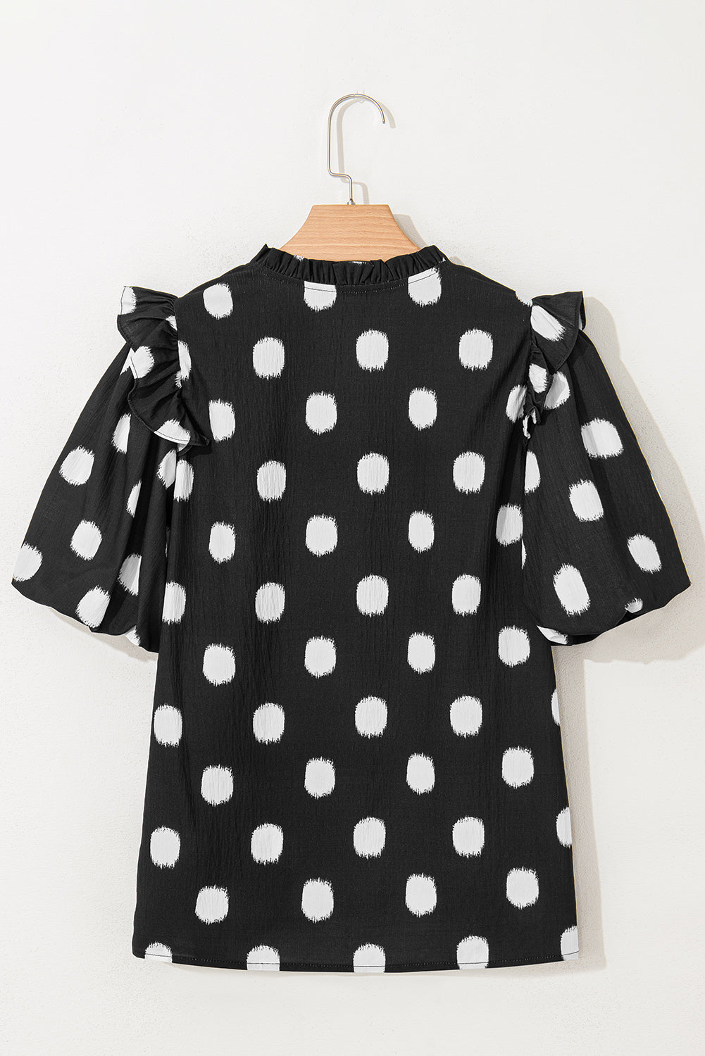 Rose Polka Dot Print Shirred Notched Neck Puff Sleeve Blouse