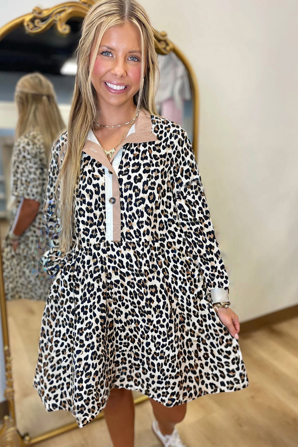 Multicolour Leopard Print Patchwork Collar Flowy Mini Dress