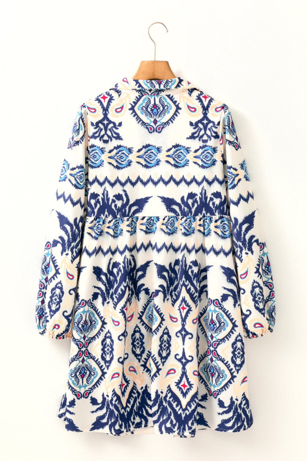 Blue Ethnic Print Pop of Color Neckline Long Sleeve Dress