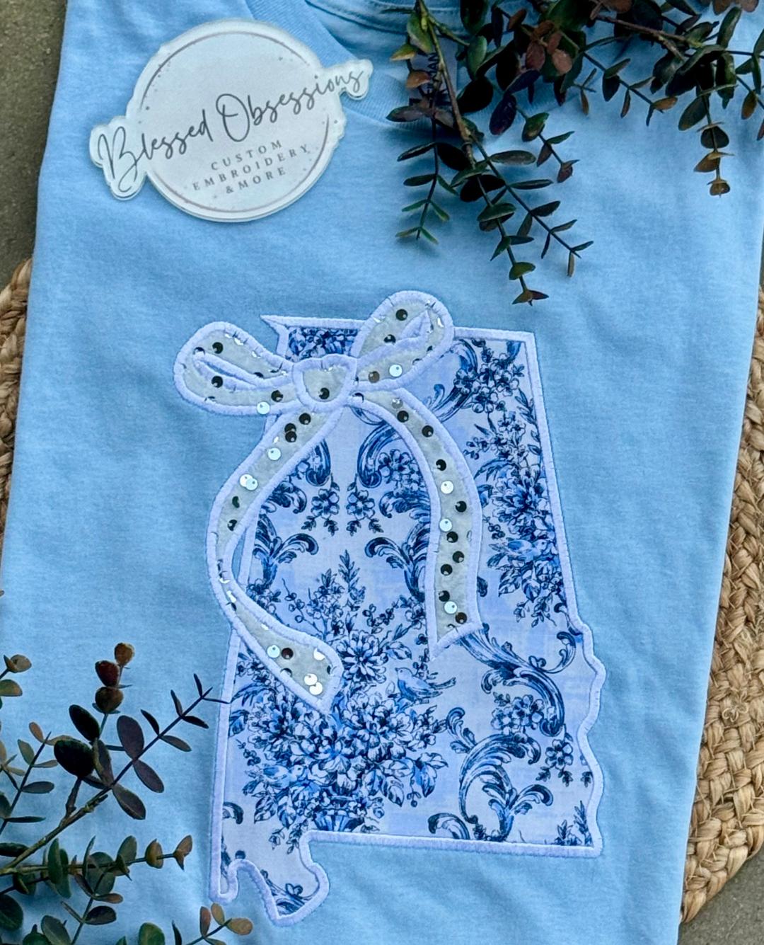 Alabama with Bow, Alabama with Bow Embroidery, Coquette bow, Chinoiserie Blue, Gift for Mom, Mother's Day Gift